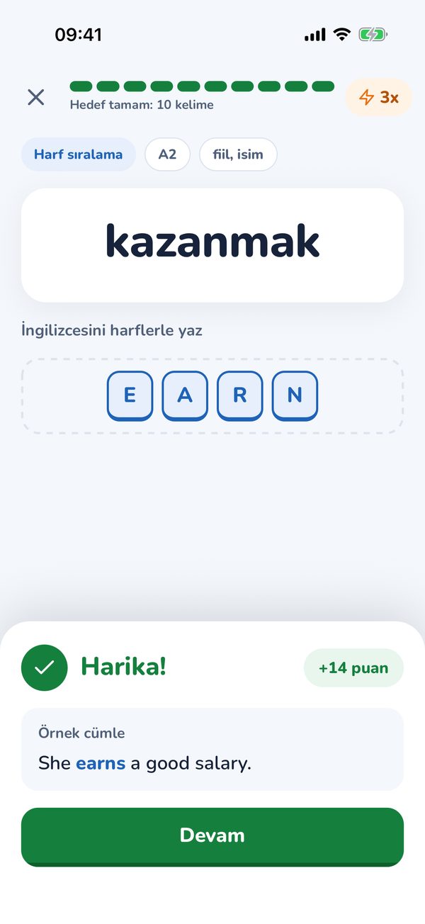 Doğru cevaptan sonra örnek cümle